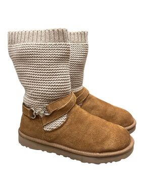 UGG Chestnut Suede Ankle Boots with Cream Knit Shaft  purl sweater knit  Boots 8
